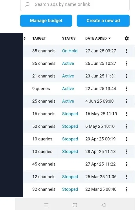 Telegram Ads 界面示意：手机广告列表