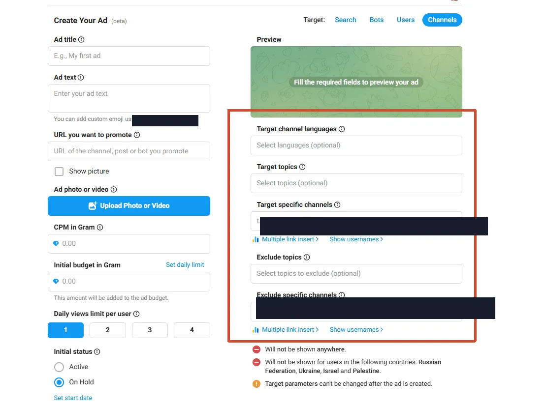 Telegram Ads 界面示意：创建广告表单