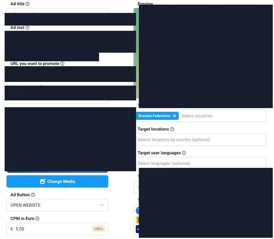 Telegram Ads 界面示意：草稿界面骨架